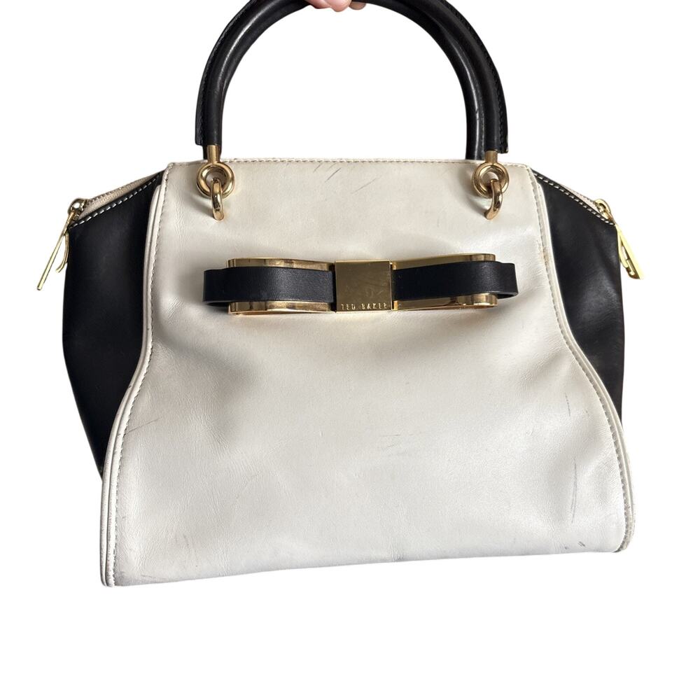 TED BAKER LONDON "Bellays" Slim Bow Large Black/White Leather Shoulder Bag $340